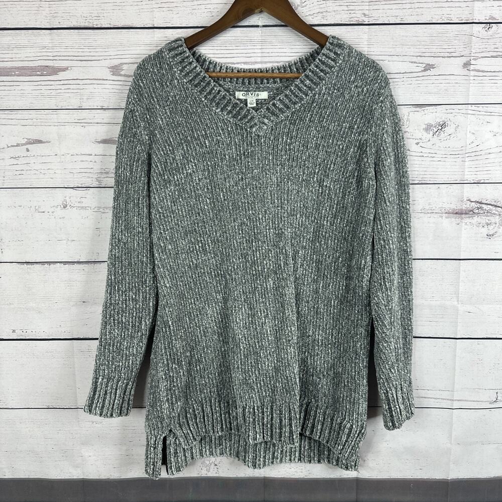 Orvis Sweater Womens Large Gray Chenille Soft Comfort Crew Pullover Cozy